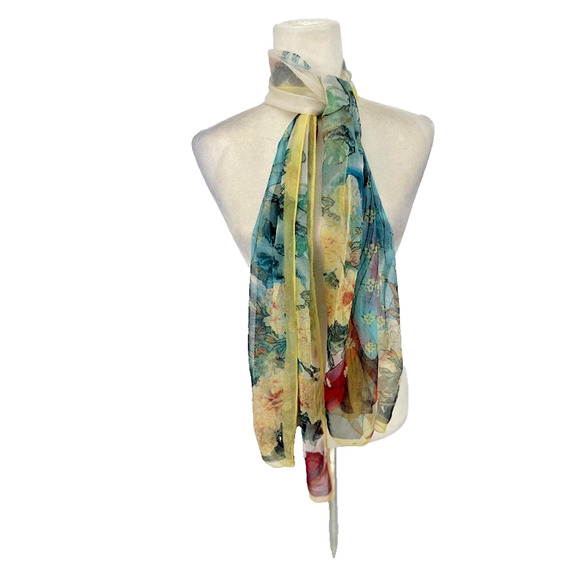 Silk Blend Scarf Asian Geisha Floral Print 66 x 19 Rectangle Art Wall Decor - Picture 7 of 10